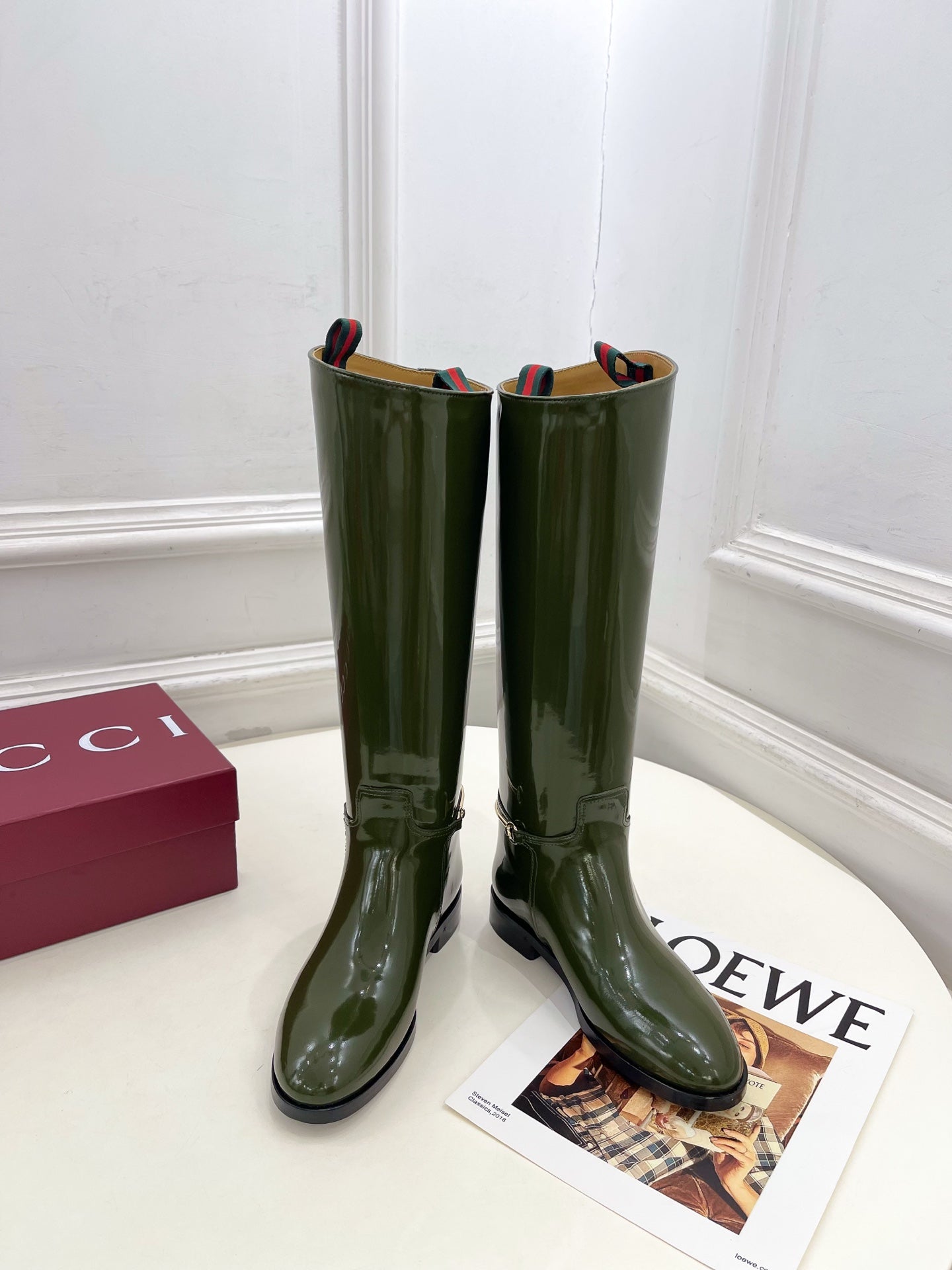 Gucci 25𝐬𝐬 horsebit long boots dark olive green patent calfskin 435383