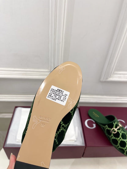 GG 26 Horsebit Flat Mules Rhinestones Dark Green Velvet 587082