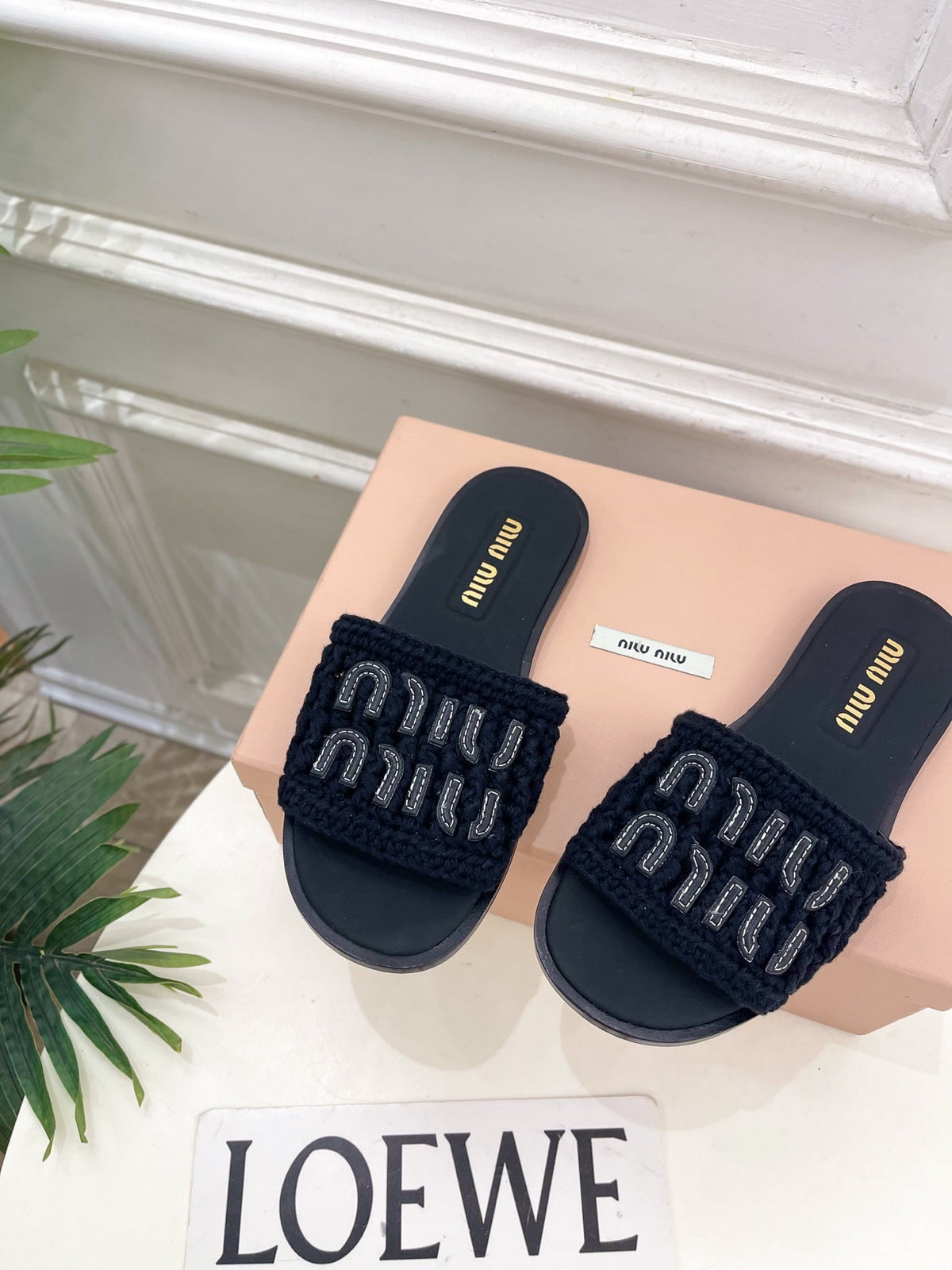 MIU Flat Slippers Black Knitted Fabric Sheepskin 631914